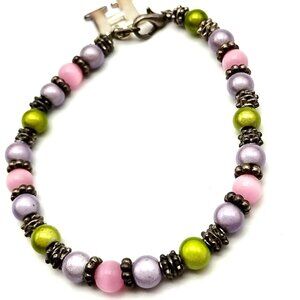 Handmade Beaded Bracelet with Pink Purple Green Glass Beads